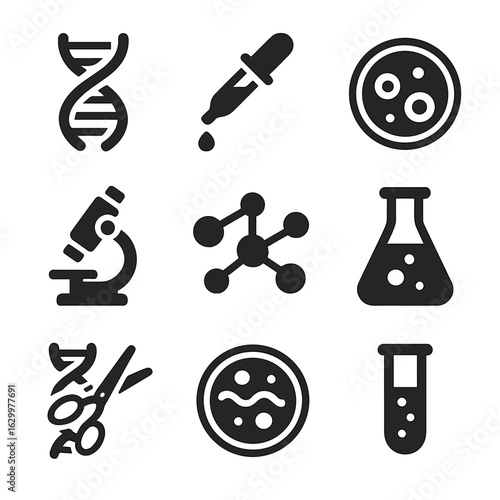 Bioengineering Icons Grid. Solid, filled icons set of bioengineering: DNA strand, gene editing tool, cell