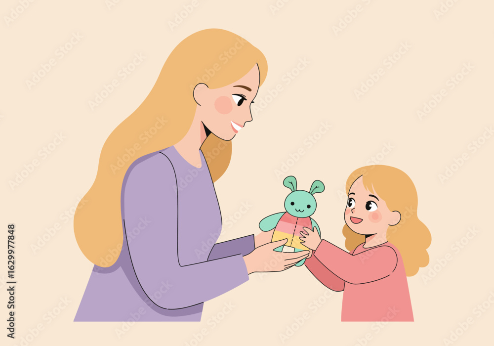 Mother Giving a Plush Bunny Toy to Her Daughter with Joyful Expression Mother Giving a Plush Bunny Toy to Her Daughter with Joyful Expression