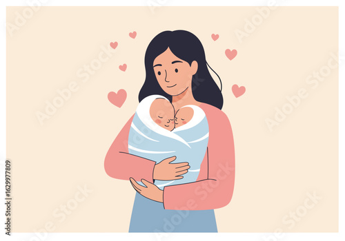 Mother Holding Newborn Twins Wrapped in a Striped Blanket Illustration
