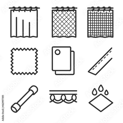 Bathroom Textile Icons. Outline icon set of bathroom textile options: vinyl curtain, fabric liner, mesh liner, waterproof liner,