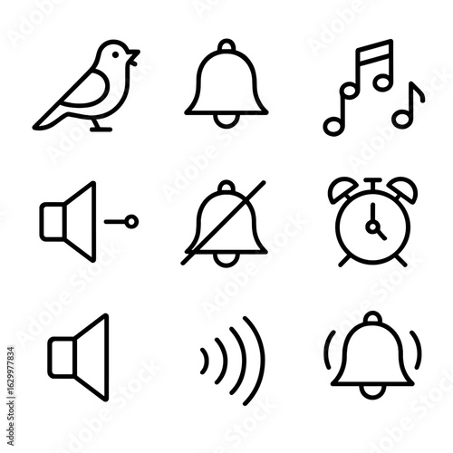 Cuckoo Clock Sound Icons. Outline icon set of cuckoo clock sound elements: cuckoo bird call, chime bell, music notes, volume