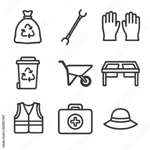 Beach Cleanup Tools Icons. Outline icon set of beach cleanup equipment: trash bag, litter picker, protective gloves, recycling bin