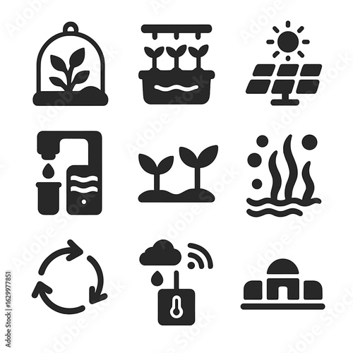 Biosphere Icons Grid. Solid, filled icons set of Artificial biospheres: terrarium, hydroponics, solar cells,