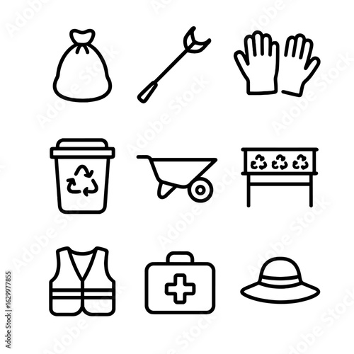 Beach Cleanup Tools Icons. Outline icon set of beach cleanup equipment: trash bag, litter picker, protective gloves, recycling bin