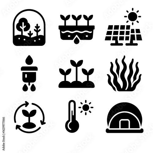 Biosphere Icons Grid. Solid, filled icons set of Artificial biospheres: terrarium, hydroponics, solar cells,