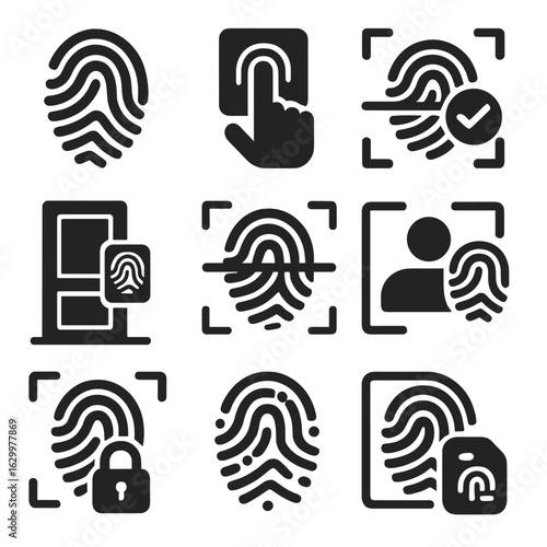 Biometric Icons Grid. Solid, filled icons set of fingerprint identification: fingerprint icon, touch sensor