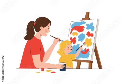 Mother and Daughter Painting Together on Canvas with Colorful Paints