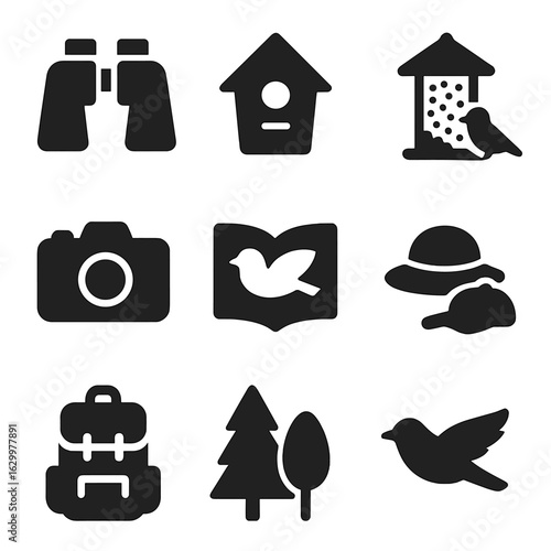 Birdwatching Icon Set. Solid, filled icons set of families bird watching: binoculars, birdhouse, bird feeder,