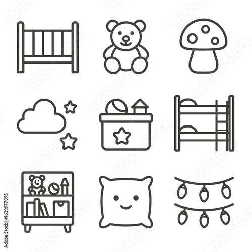 Children's Bedroom Icons. Outline icon set of children’s bedroom: crib, teddy bear, night light, wall decal outline, toy box, bunk