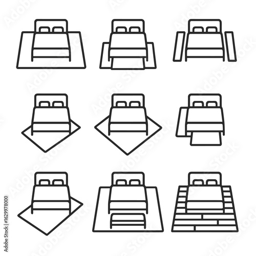Bed Rug Layout Icons. Outline icon set of rug placement and layouts under bed: full-width area rug, rug peeking under footboard,
