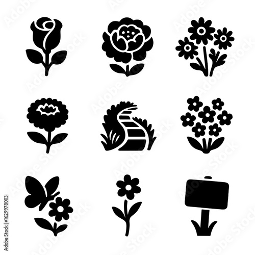 Blooming Garden Icons. Solid, filled icons set of garden flowers in bloom: rose in bloom, peony layers, daisy