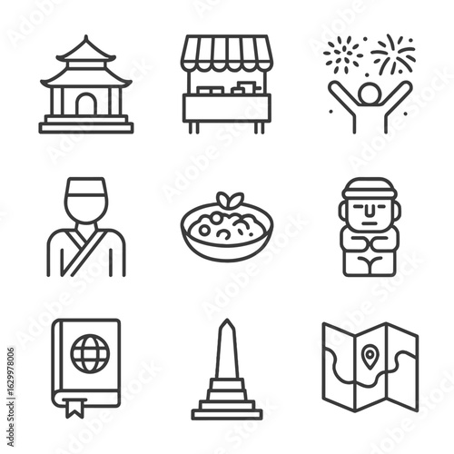 Cultural Journey Icons. Outline icon set of cultural journey elements: temple, market, festival, traditional dress, food dish,