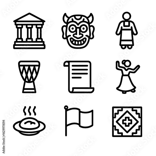 Cultural Heritage Icons. Outline icon set of cultural heritage: ancient temple, traditional mask, folk costume, cultural drum,