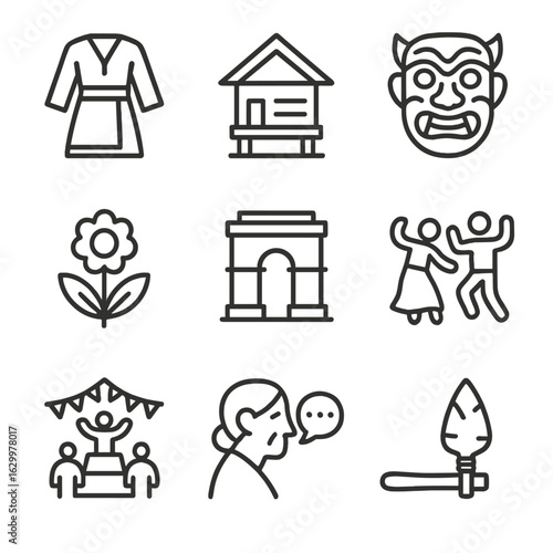 Cultural Heritage Icons. Outline icon set of lineage and cultural heritage: traditional costume, ancestral house, cultural mask,