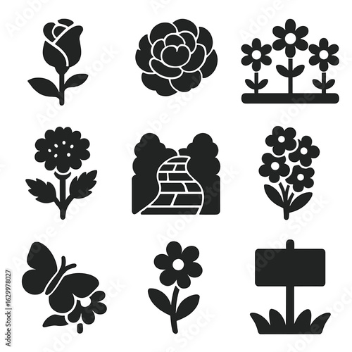 Blooming Garden Icons. Solid, filled icons set of garden flowers in bloom: rose in bloom, peony layers, daisy