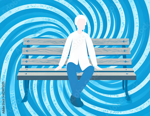 Person Sitting on a Bench with Abstract Swirls