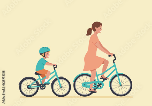 Mother and Son Riding Teal Bicycles, Enjoying Outdoor Activity Together