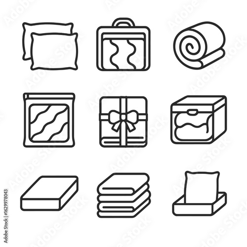 Bedding Icons Set. Outline icon set of bedding and linens organization: extra pillowcase pack, quilt bag, throw blanket roll,
