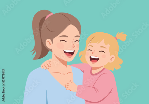 Cartoon Mother and Daughter Laughing Together in a Heartwarming Embrace