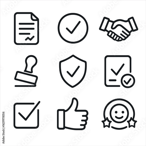 Approval Process Icons. Outline icon set of approval process: signed contract, approved seal, handshake, stamp with tick, verified