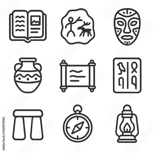 Cultural Origins Icons. Outline icon set of origin in culture: ancient manuscript, cave drawing, tribal mask, pottery, scroll,