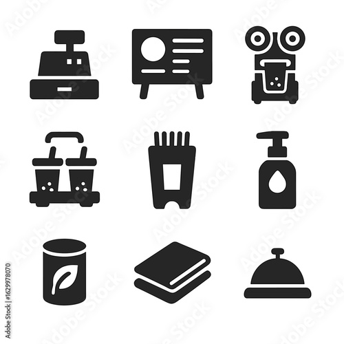 Boba Shop Icons. Solid, filled icons set of boba tea shop essentials: counter register, menu board, sealing