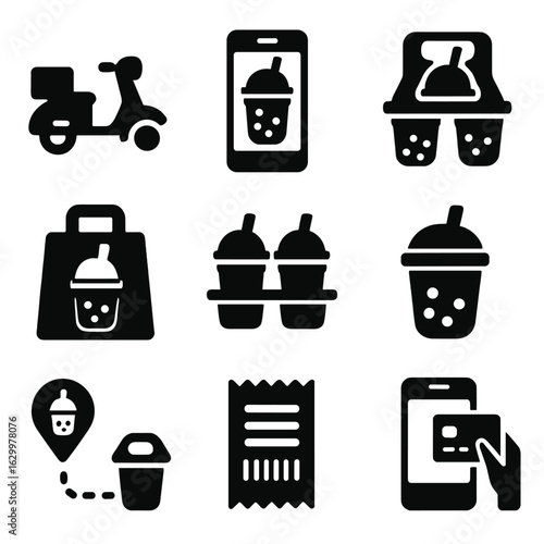 Boba Tea Icons. Solid, filled icons set of boba tea delivery and takeout: delivery scooter, app order icon,