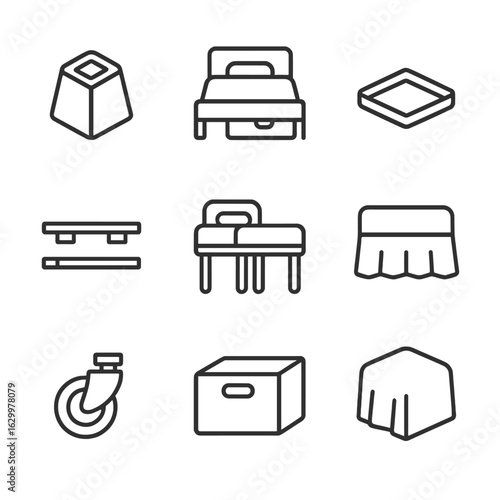 Bedroom Space-Saving Icons. Outline icon set of bedroom space-saving solutions: bed riser blocks, under-bed frame drawer,