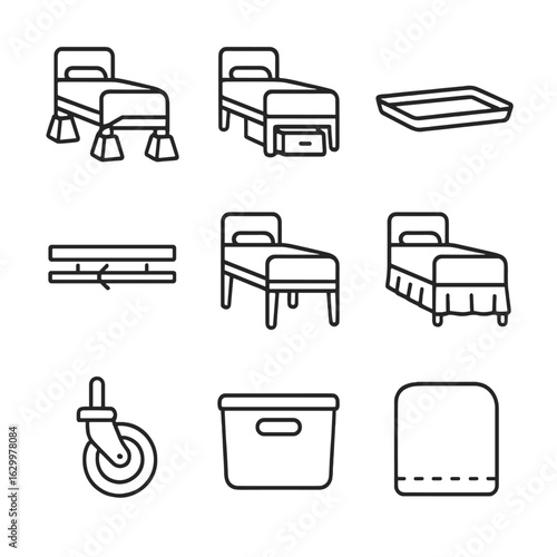 Bedroom Space-Saving Icons. Outline icon set of bedroom space-saving solutions: bed riser blocks, under-bed frame drawer,