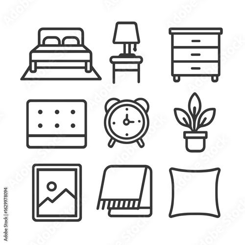 Bedroom Icon Set. Outline icon set of bedroom furniture and decor surrounding a rug under bed: platform bed frame, nightstand