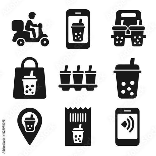 Boba Tea Icons. Solid, filled icons set of boba tea delivery and takeout: delivery scooter, app order icon,