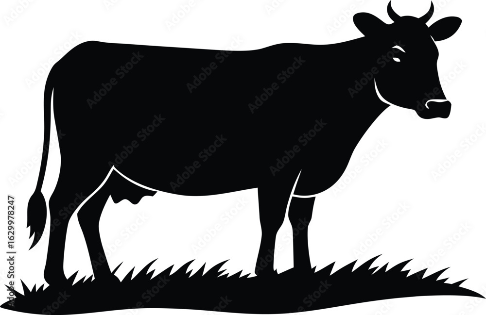 Fototapeta premium Minimalist black silhouette of a cow standing peacefully in a grassy field under a clear sky