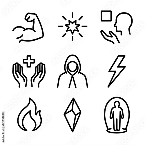 Chosen One Power Icons. Outline icon set of chosen one powers: super strength, energy burst, telekinesis, healing hands,
