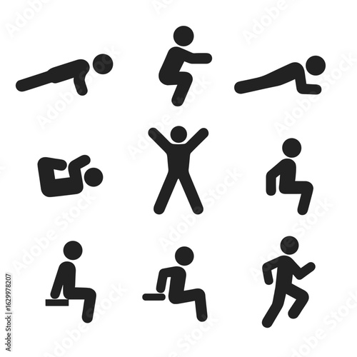 Bodyweight Exercise Icons. Solid, filled icons set of bodyweight fitness: push-up silhouette, squat pose,