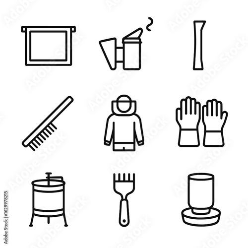 Beekeeping Tools Icons. Outline icon set of Beekeeping tools and equipment: hive frame, smoker can, hive tool, bee brush,