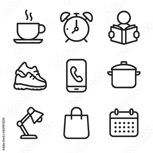 Daily Life Icons. Outline icon set of daily life moments: coffee cup, alarm clock, book reading, walking shoes, phone call,