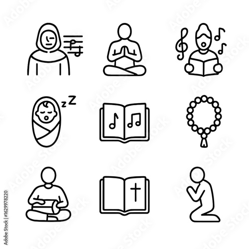 Chant Icons Grid. Outline icon set of chant types: Gregorian chant, mantra, gospel, lullaby, hymn, mantra beads, kirtan, psalm,