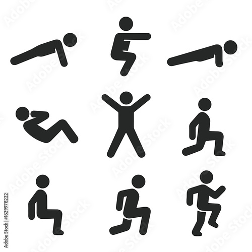 Bodyweight Exercise Icons. Solid, filled icons set of bodyweight fitness: push-up silhouette, squat pose,