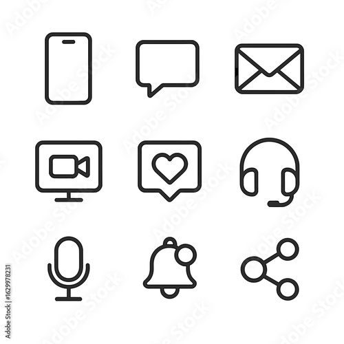 Daily Communication Icons. Outline icon set of daily communication: smartphone, chat bubble, email, video call, social media,