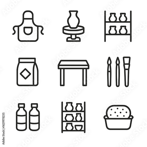 Ceramic Workshop Icons. Outline icon set of ceramic workshop items: apron, pottery wheel, drying rack, clay bag, work table, brush