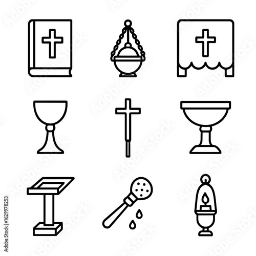 Church Icons Collection. Outline icon set of church items: hymn book, incense burner, altar cloth, chalice, processional cross,