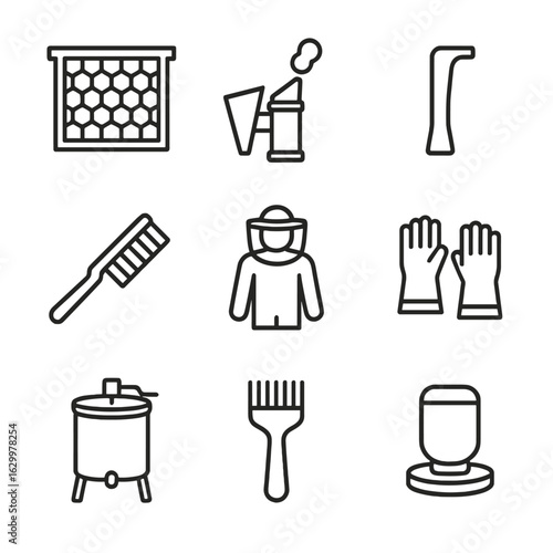 Beekeeping Tools Icons. Outline icon set of Beekeeping tools and equipment: hive frame, smoker can, hive tool, bee brush,