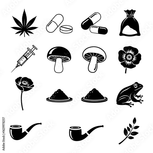 Black Silhouette Icons of Drugs Plants and Medical Items