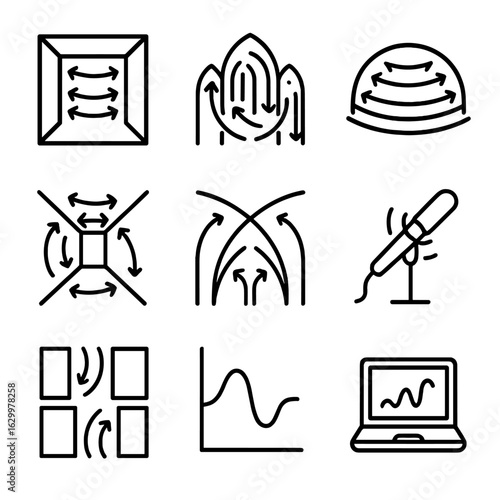 Architectural Echo Icon Set. Outline icon set of architectural echo effects: empty hall reverberation, cathedral echo path,