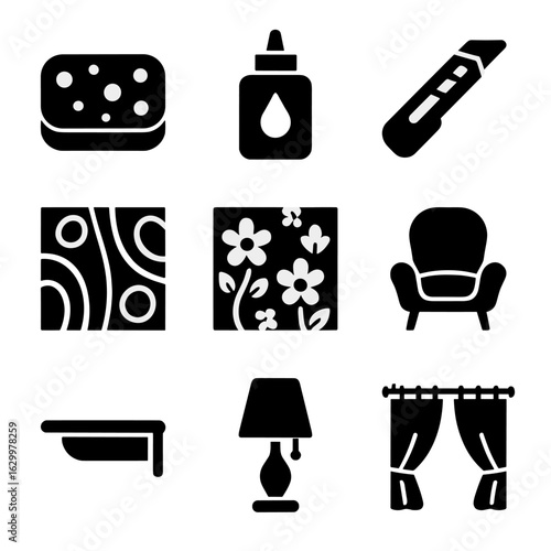 Bold Wallpaper Icons. Solid, filled icons set of bold wallpaper textures for feature walls: wallpaper cleaning