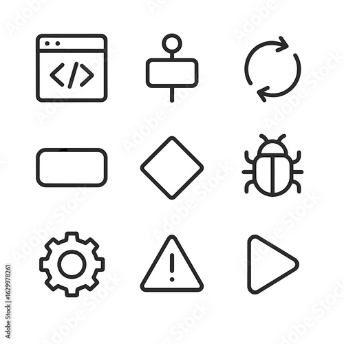 Beginner Programming Icons. Outline icon set of beginner programming constructs: code editor window, function block, loop arrow,
