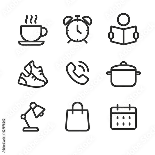 Daily Life Icons. Outline icon set of daily life moments: coffee cup, alarm clock, book reading, walking shoes, phone call,