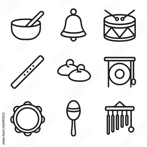Chant Instrument Icons. Outline icon set of chant instruments: singing bowl, bell, drum, flute, cymbals, gong, tambourine, rattle,