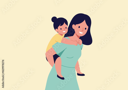 Mother Piggybacking Daughter, Smiling, Wearing Dress and Yellow Shirt Illustration