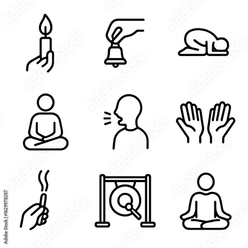 Chant Ritual Icons. Outline icon set of chant rituals: lighting candle, ringing bell, bowing, sitting cross-legged, chanting aloud